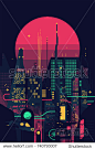 Cool retro futuristic synthwave background with night dystopian cityscape and gigantic pink planet or sun silhouette. Vector flat design on dark sci-fi megalopolis with neon lights, huge skyscrapers - 图片素材 - 站酷海洛Plus正版图片, 视频, 音乐素材交易平台 - Shutterstock中国独家合作