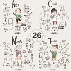 ZY26可爱卡通手绘职业字母线描简笔画儿童人物EPS矢量设计素材-淘宝网
