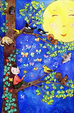 月光下的童年-泷艺_水彩,插画,童年,手绘,月光_涂鸦王国插画
