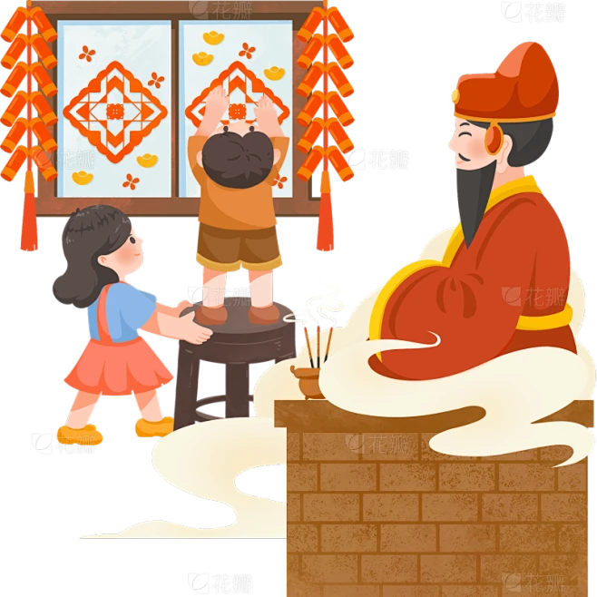 小年卡通手绘迎灶神元素