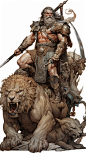 **Barbarian leader with long hair, strong muscles, fur and skull, bone decoration, standing on top of many tigers,breathtaking, crocodiles and elephants,flowing colors,flowing ink, watercolor