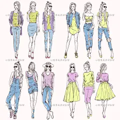 s378 手绘时尚女孩模特街拍服饰时装搭配插画配图eps矢量ai素材-淘宝网