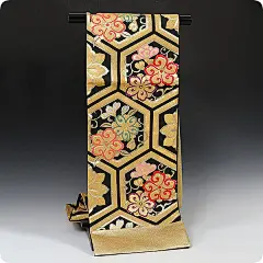 日本代购 和服腰带 振袖用正绢袋带黑金色刺绣小花腰封-淘宝网