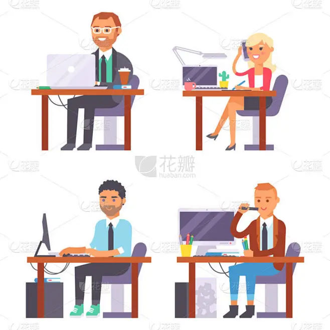 矢量平人工作场所在膝上型计算机上工作的人在办公室同事商人和商人字符工作场所计算机插图-花瓣网