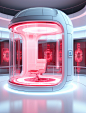 A 3d rendering of a futuristic office with red light, in the style of medical imaging film., light red and white, confessional, rounded, robotic motifs, ironical, colourful