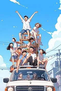 学生放暑假漫画风手绘插画