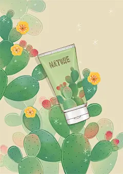 唯美植物插图插画化妆品鲜花仙人掌叶子热带花纹海报