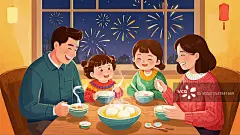 【AI数字艺术】一家人围着桌子吃元宵扁平插画图片素材