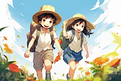 学生放暑假漫画风快乐插画