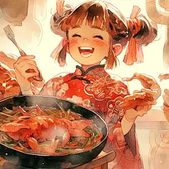 水彩画中国传统少女吃火锅，一个唐代的奇幻海报