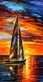 Leonid Afremov, oil on canvas, palette knife, buy original paintings, art, famous artist, biography, official page, online gallery, large artwork, fine, water, boat, sea, scape, pier, dock, night, calm, yachts, harbor, shore, rest, ship