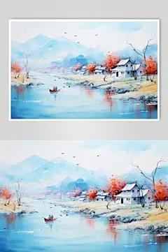 AI数字艺术水墨风徽派建筑江南水乡插画-众图网