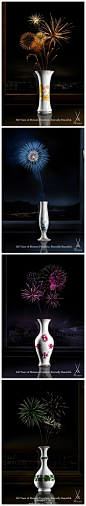国迈森瓷器创意广告：“300年的迈森瓷器，永恒的美丽！”烟花和瓷器，一个是瞬间的绚烂，一个是永恒的美丽！瞬间与永恒完美的搭配！