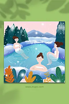 扁平风冬季泡温泉人物插画