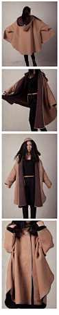 绘一huii原创设计师品牌帅气个性卡其色带帽子长款纯羊毛羊绒斗篷