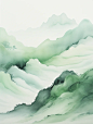 水墨山水画古泰派风格柔和梦幻的风景草本植物柔和的薄雾海报
