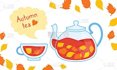 秋天热茶卡通温馨卡水壶矢量
