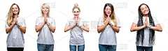 一组美丽的女人穿着休闲的白色t恤在孤立的背景祈祷与手一起微笑着请求原谅的拼贴。