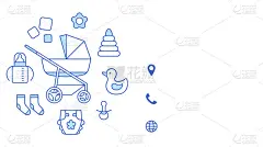 宝宝店参观或折扣卡提纲设计模板。白色背景上的细线标识。儿童尿布，婴儿车，营养配件。业务联系，手机网页