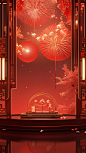 Chinese new year fireworks in the red background, in the style of trompe l'oeil compositions, daz3d, narrative paneling, mirror rooms, nature-inspired art nouveau, interior scenes, minimalist backgrounds