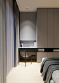 【小桌】The master bedroom expresses texture in a much more subdued way. Layered curtains in weightless gossamer and strong tweedy fabrics offer a lovely contrast. The curtains continue alongside the desk niche for a neatly integrated look, the desk itself se