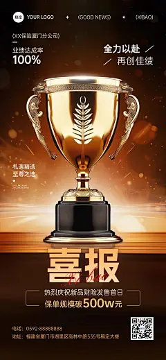 喜报表彰荣誉3D奖杯全屏海报AIGC