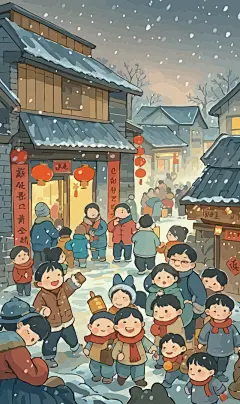 春节雪景街景庆春插画图形