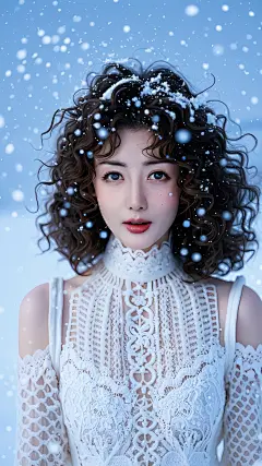 户最好的质量, 4k壁纸, 光, 荒诞, 1 名女孩,(雪,冰), 雪花, 冬天里,  闪亮的头发, 卷发,  镂空衣服，装饰, 蕾丝, , 离开_肩膀, 摄镜头,(17)