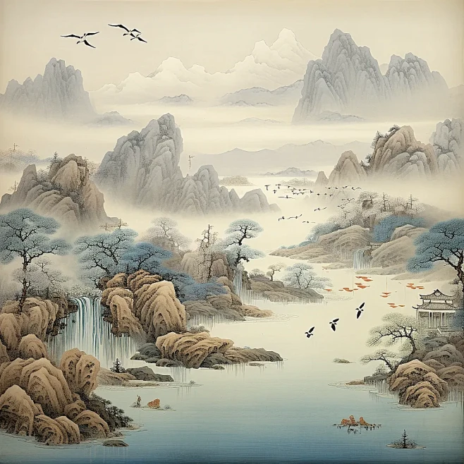山水古诗词国画宋代风格海报