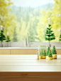 树木家居场景，近距离聚焦空荡荡的台面，浅黄色和浅绿色的爱克发