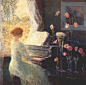 古典油画中弹钢琴的女性。