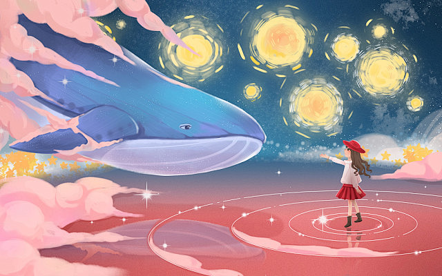 手绘唯美星空鲸鱼原创插画素材海报