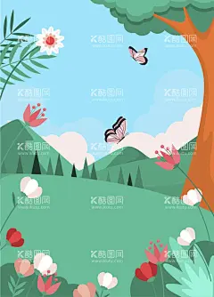 春天的田野风景  - 源文件下载【酷图网】春天,自然,风景,大树,田野,花朵,花卉,蝴蝶