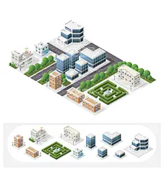 城市建筑   - 源文件下载【酷图网】城市建筑,塔吊建筑工地,立体空间插画,立体空间,城市社区插画,城市插画,社区插画,城市街道,高楼大厦,楼房,住宅区,小区楼房,城市社区,医院