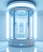 a futuristic space with a door in it, in the style of light sky-blue and light white, webcam photography, thin steel forms, transparency and lightness, rounded forms, confessional, precise nautical detail