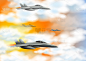 四架战斗机在橙色的天空
