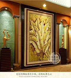 金箔画 东南亚装饰画玄关竖版走廊过道抽象画手绘油画泰式芭蕉叶-tmall.com天猫