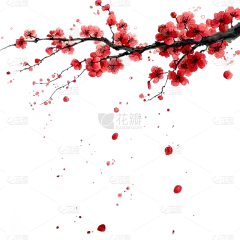 冬天通用中式水墨红梅飘花瓣树枝元素