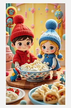 立冬海报设计羊毛毡3D卡通餐盘上