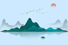 手绘扁平剪纸风中国风古风水墨山水画插画背景古风水墨背景