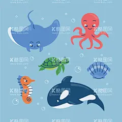 海洋生物  - 源文件下载【酷图网】海洋生物,海底世界,海洋动物,鱼类,海底动物,卡通,插图