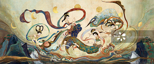 敦煌壁画岩彩仙女飞天图图片素材