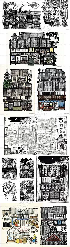 94张日本版画风格插画图片参考 日式建筑鬼怪黑白绘画参考-淘宝网