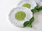 White Green Light Flowers Crochet Coasters . Leaves Beverage Nature Drink Decor Crochet Spring Garden Collection - Set of 4