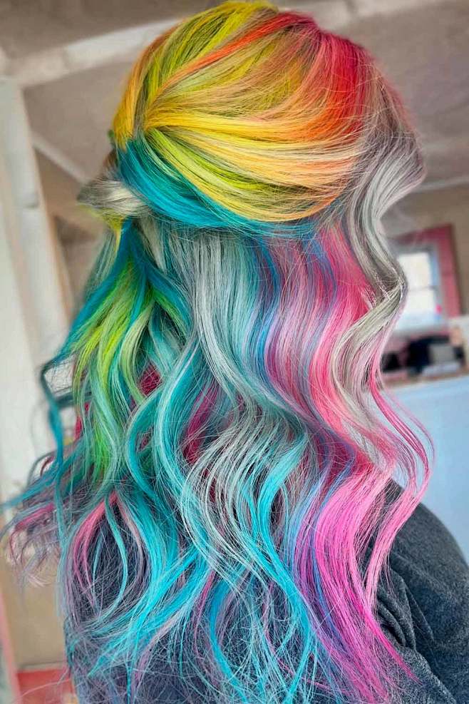 rainbow-hair-ideas-brunette-girls-sweet-candy-style