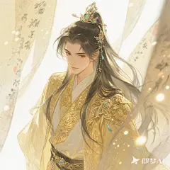 俯视视角，古风少年，手绘，水墨晕染，弥散渐变，丁达尔光，漫反射，故事感，意识流，宣纸机理，光纱光斑点缀，层次感，披散头发，华丽的饰品和华丽复杂衣服纹理，人物特写，精致细节，人物极美，金色系，极致细节