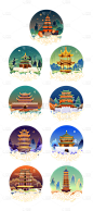 素材组合-中秋国庆中国风建筑贴纸