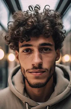 一个卷发的男人正在摆姿势自拍