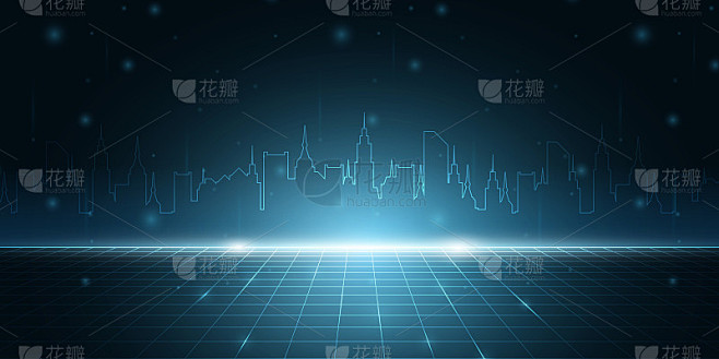 矢量夜晚城市景观霓虹灯。数字城市的网络与...