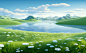 green grass over the river, in the style of surreal 3d landscapes, soft and dreamy atmosphere, rendered in cinema4d, cartoonish simplicity, national geographic photo, creative commons attribution, japanese-style landscapes